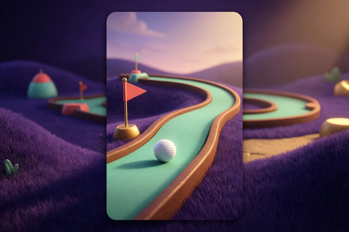 A white golf ball on a curved miniature putting green near a small flag