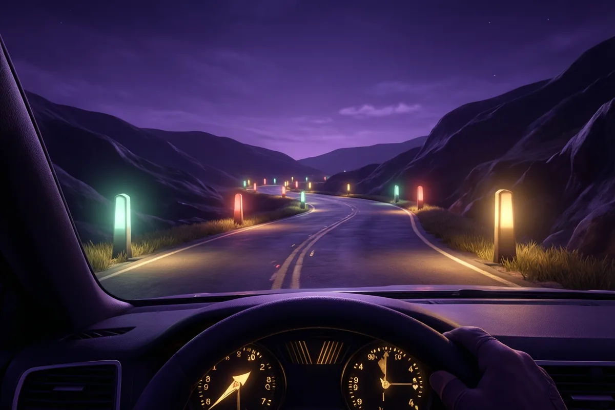 A driver's-eye view down a winding dark road outlined by glowing roadside posts beneath a violet night sky