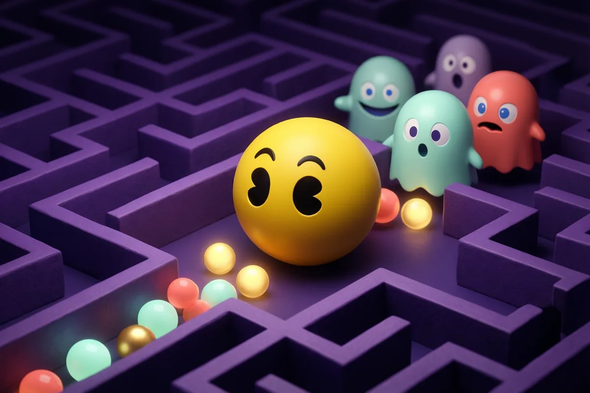 A yellow round maze character approaching glowing pellets around a violet maze corner with playful ghosts behind