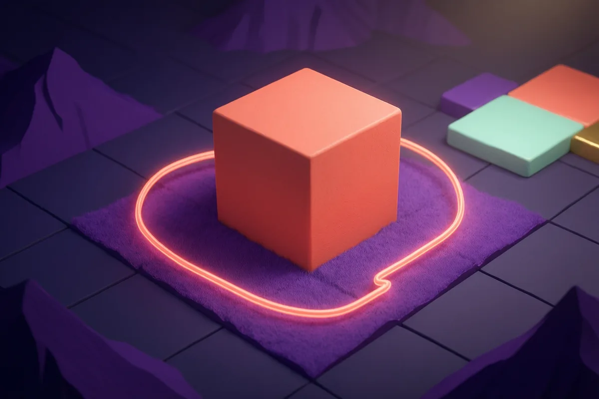 A coral cube drawing a glowing loop from a patch of claimed violet territory across a simple grid