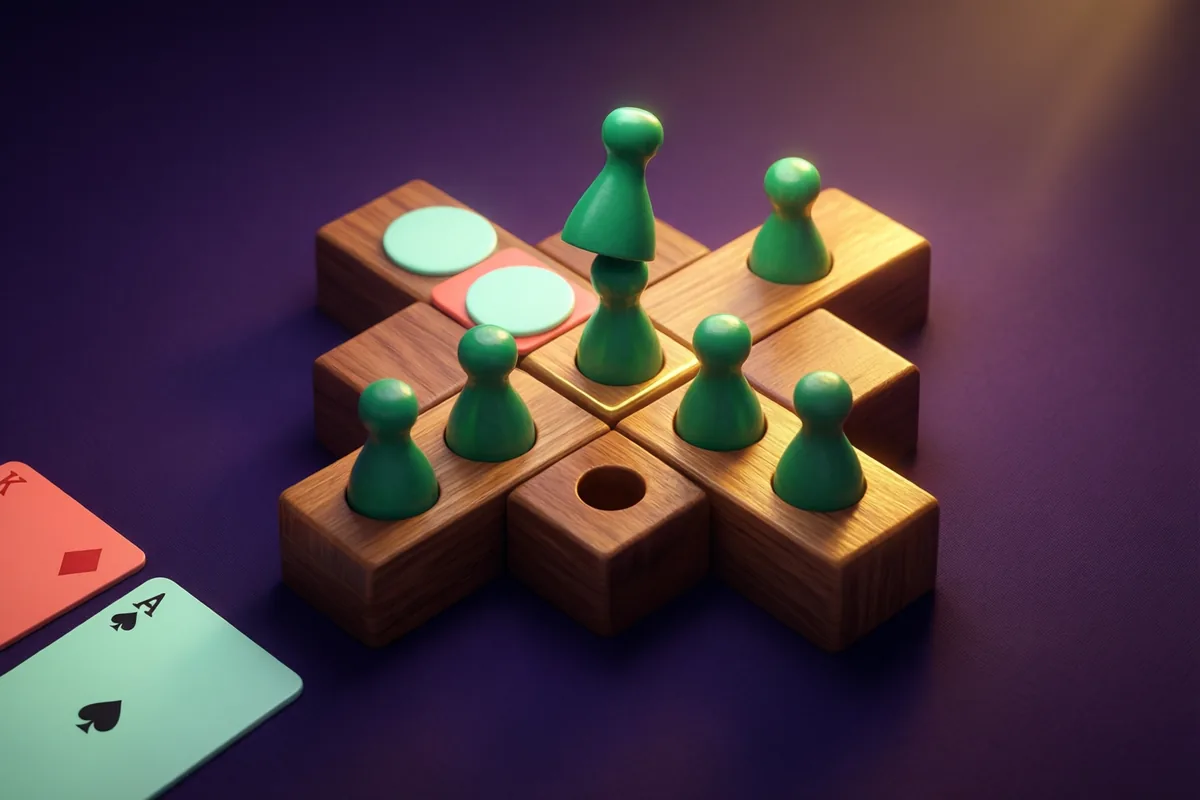 Green pegs and empty holes on a small wooden cross-shaped board