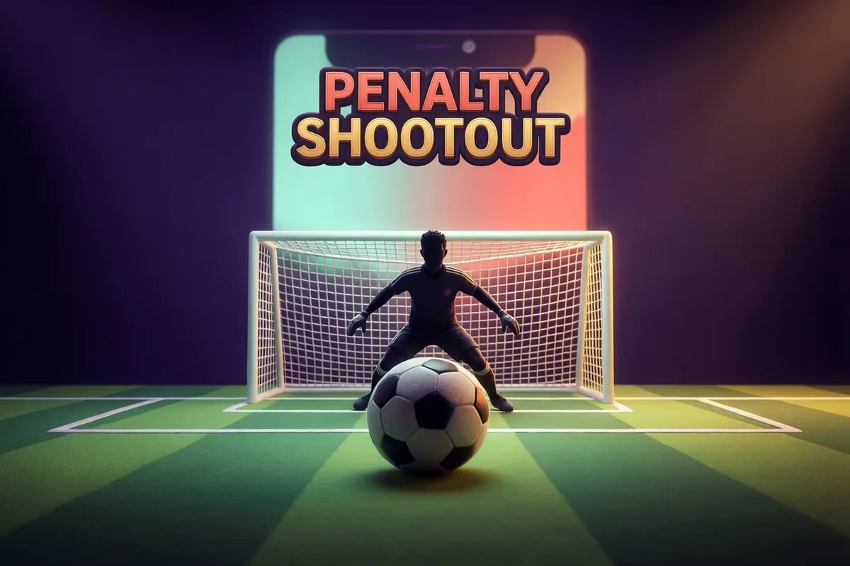 A football in the foreground facing a goalkeeper in a bright netted goal on a miniature green pitch