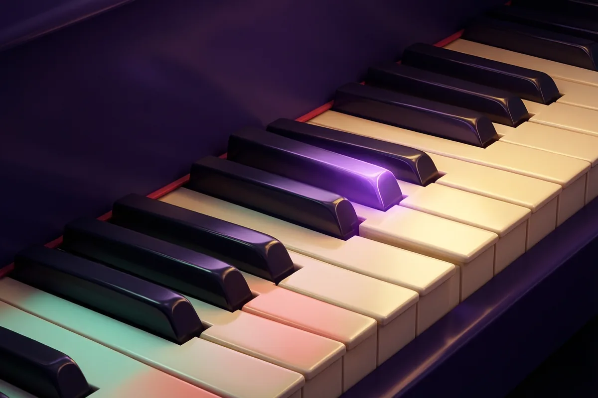 Glossy violet and dark piano keys above a row of ivory keys