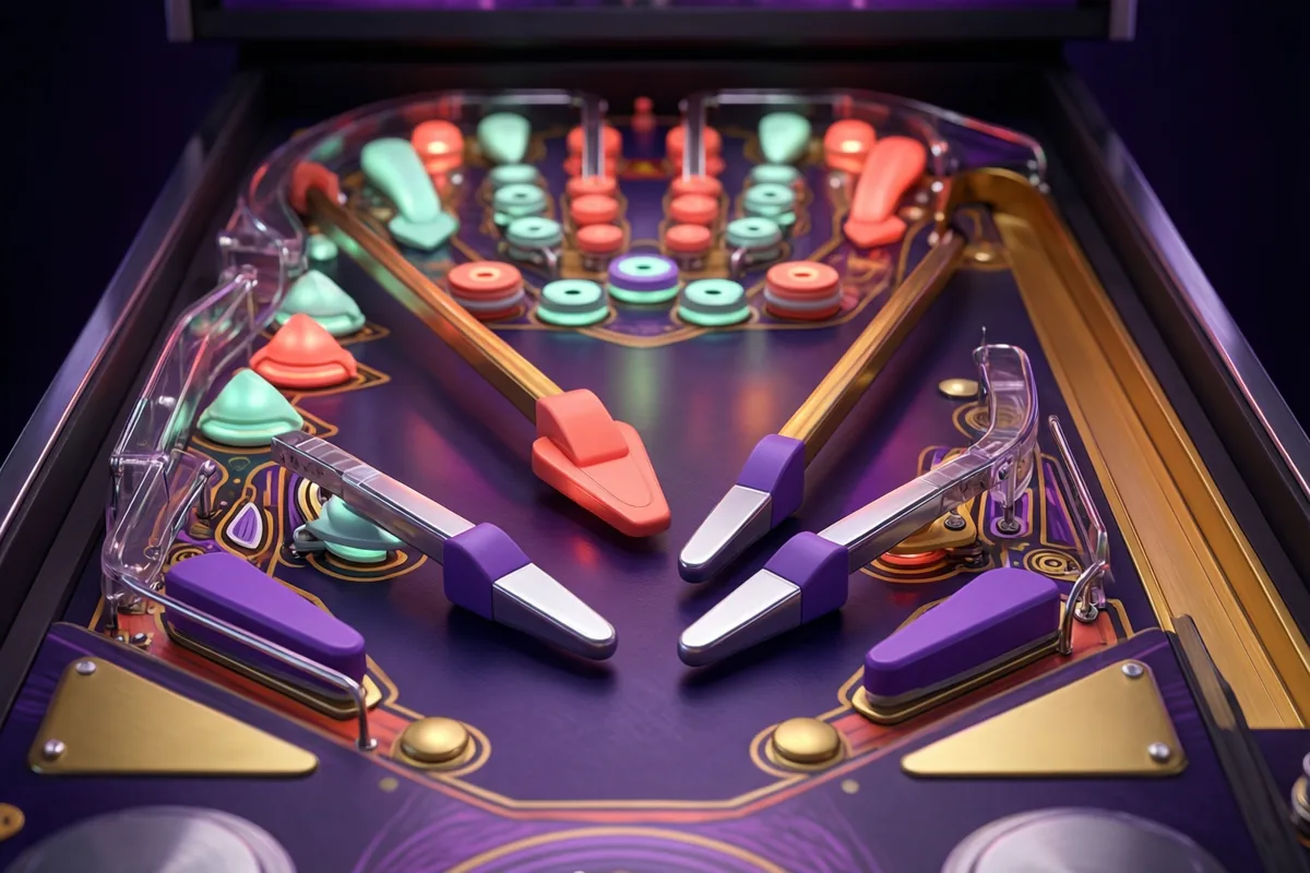 A violet pinball table with silver flippers, colorful bumpers and looping ramps