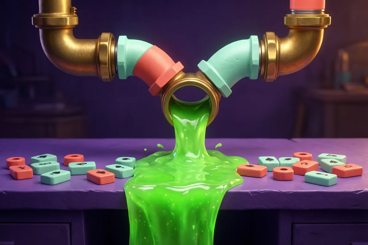 Brass and mint pipe fittings above flowing green liquid and loose tiles