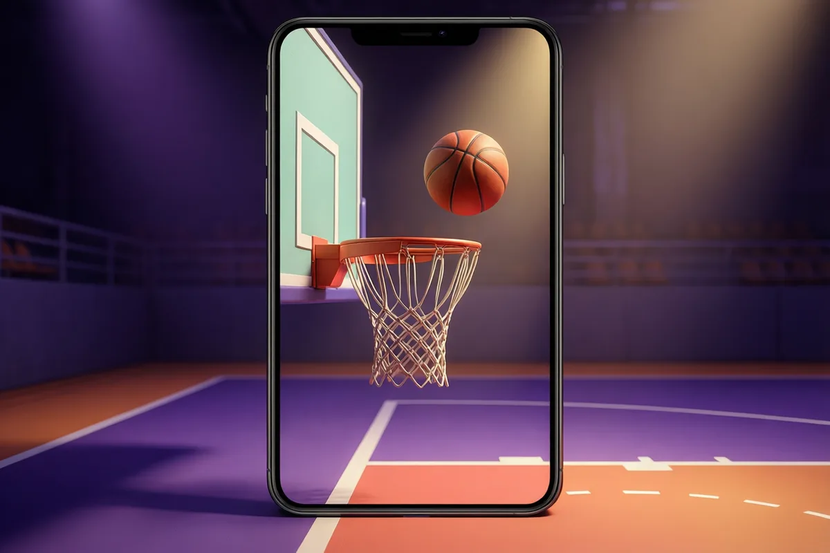 A basketball flying toward a netted arcade hoop on a violet-and-orange indoor court
