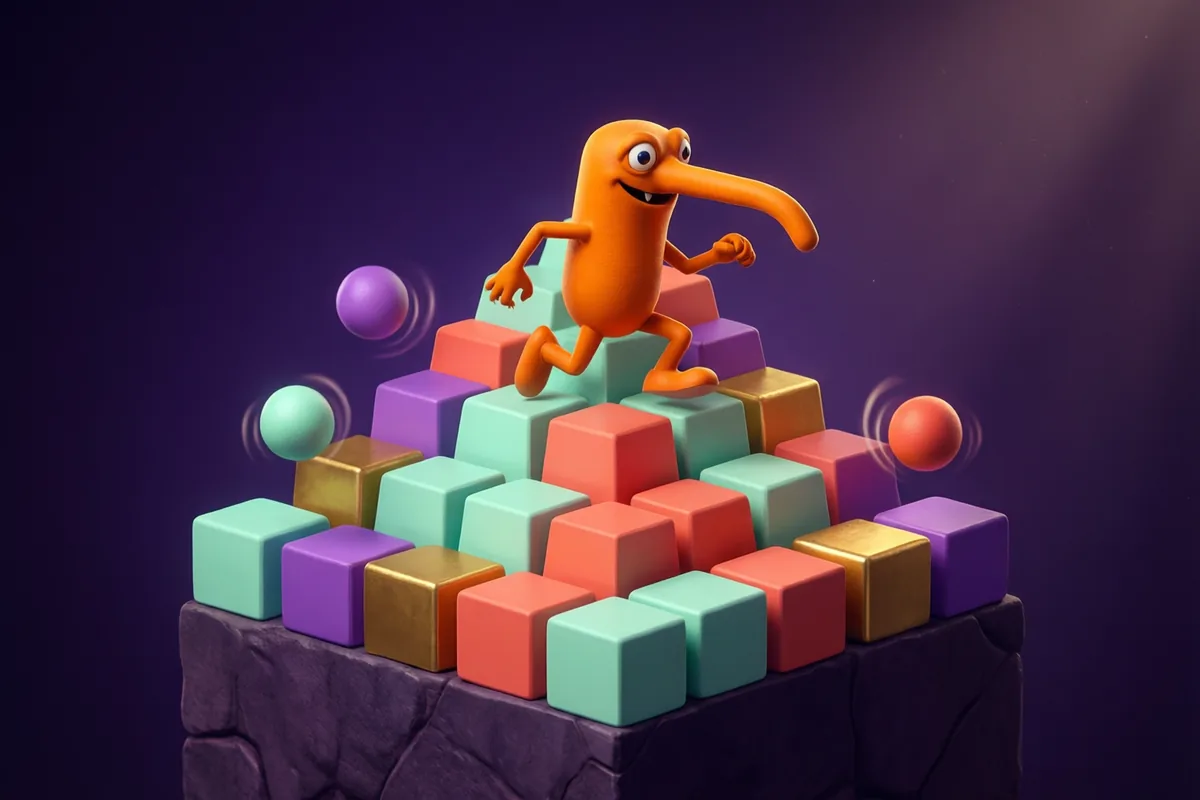 An orange long-nosed creature on a colorful stepped pyramid of cubes
