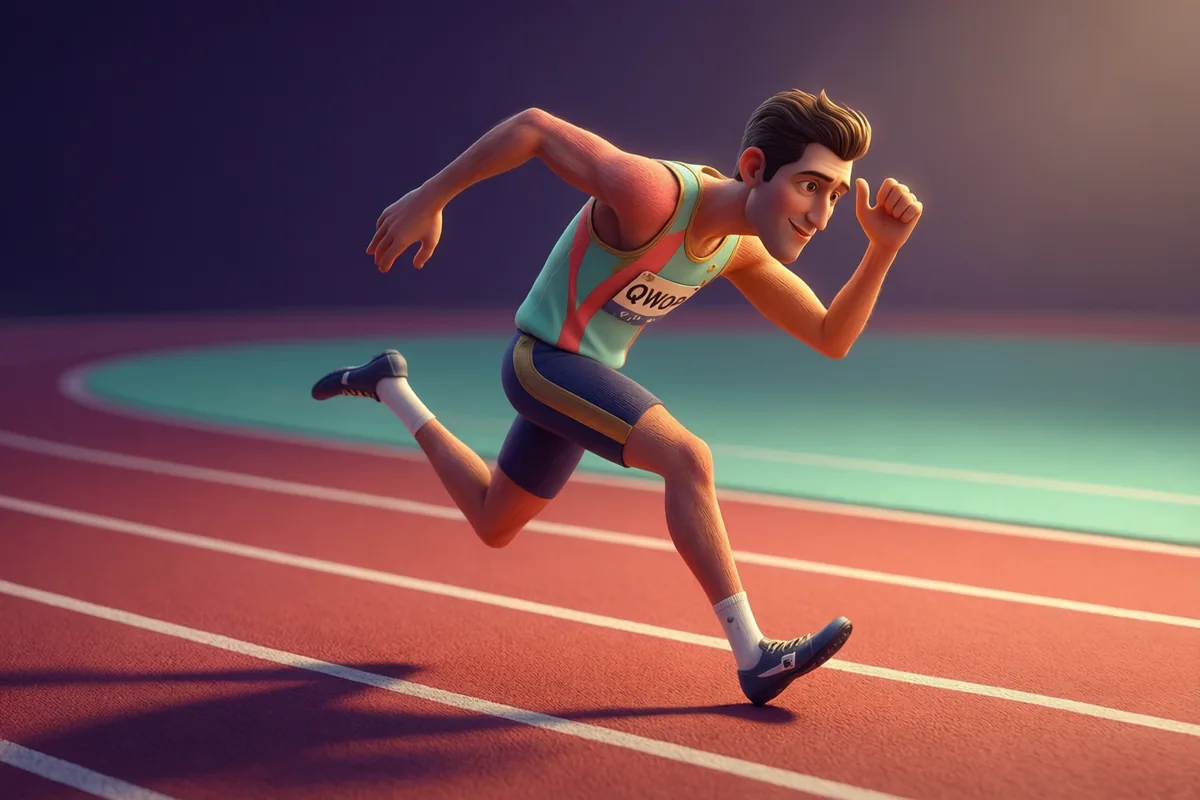 A runner leaning forward in an awkward stride on a red athletics track