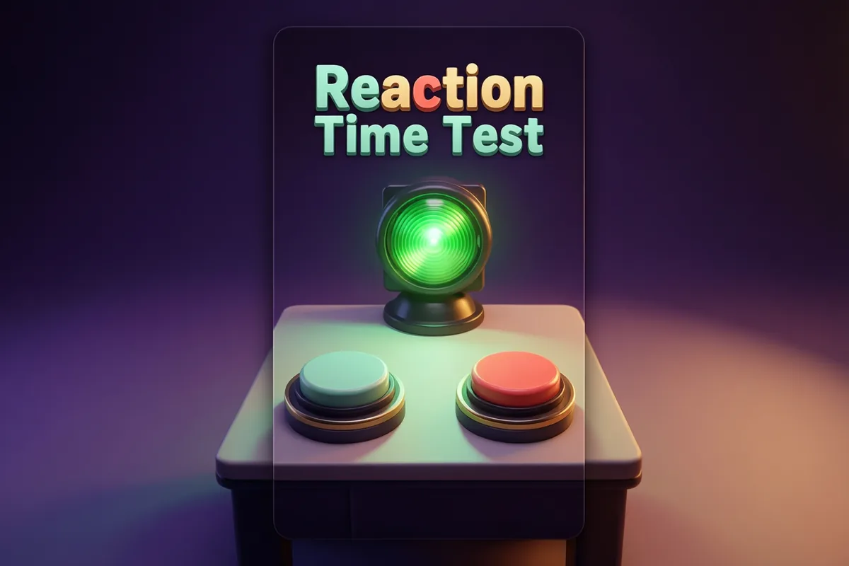 Two round reaction buttons facing a bright green signal lamp on a clean miniature tabletop