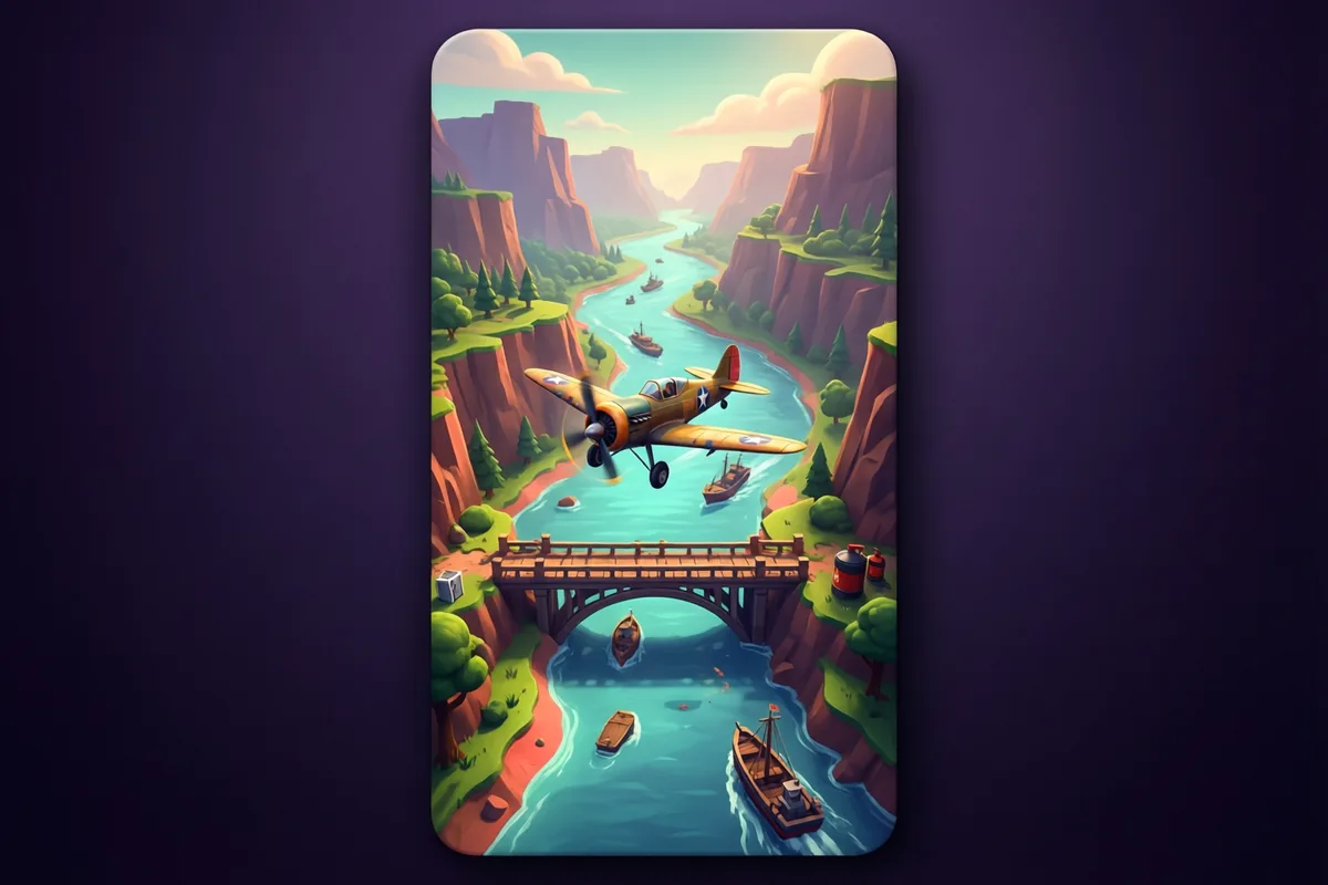 A little fighter plane flying low above a winding blue river between green cliffs and a small bridge