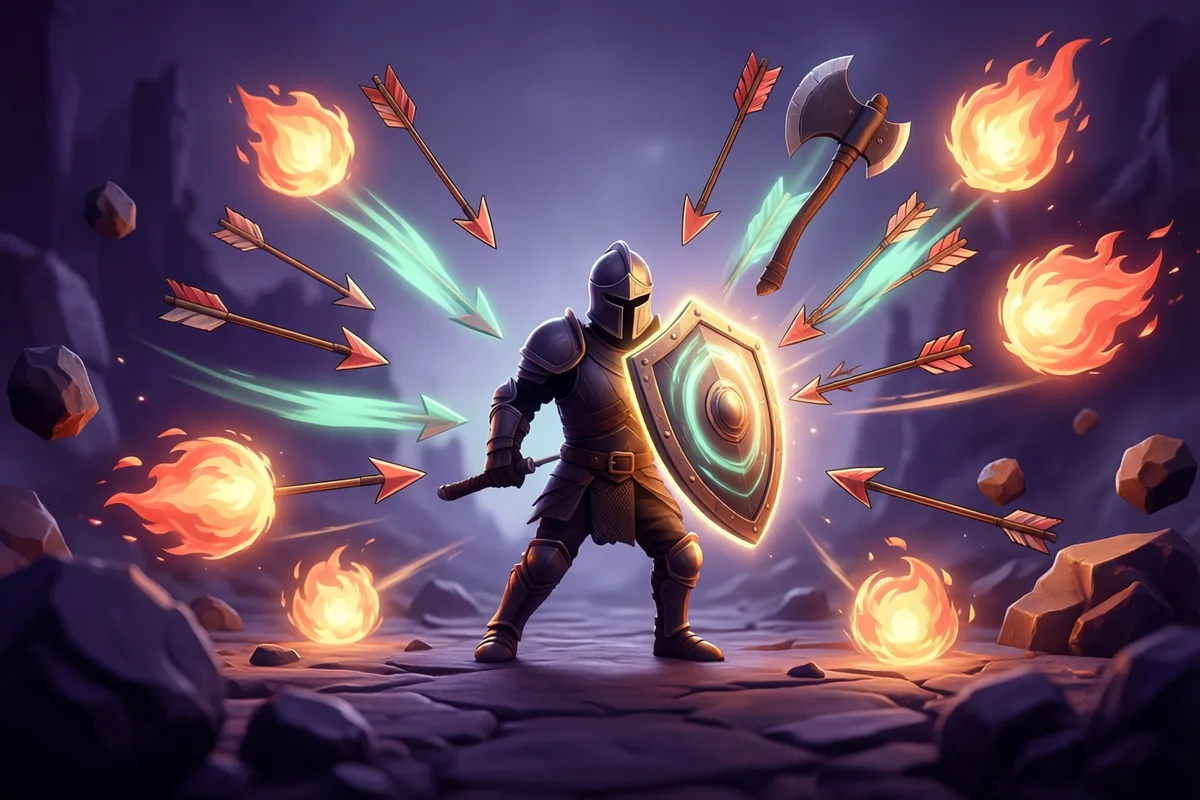 An armored hero raising a glowing shield against arrows and fireballs