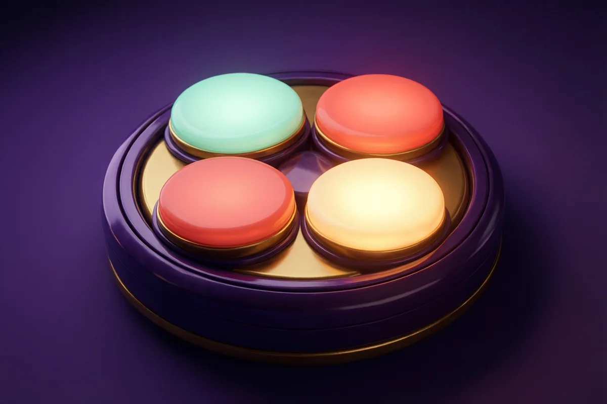 A glossy circular memory toy with four large colored light pads, one glowing warmly against a violet backdrop