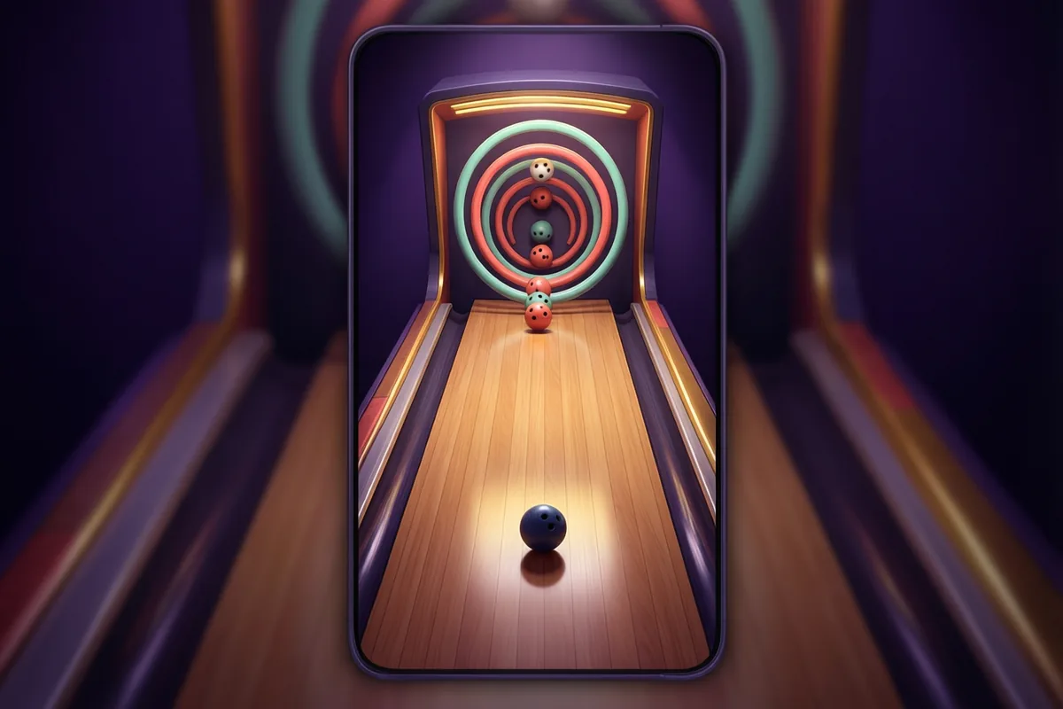 A polished wooden arcade ramp and a rolling ball approaching a set of raised scoring rings