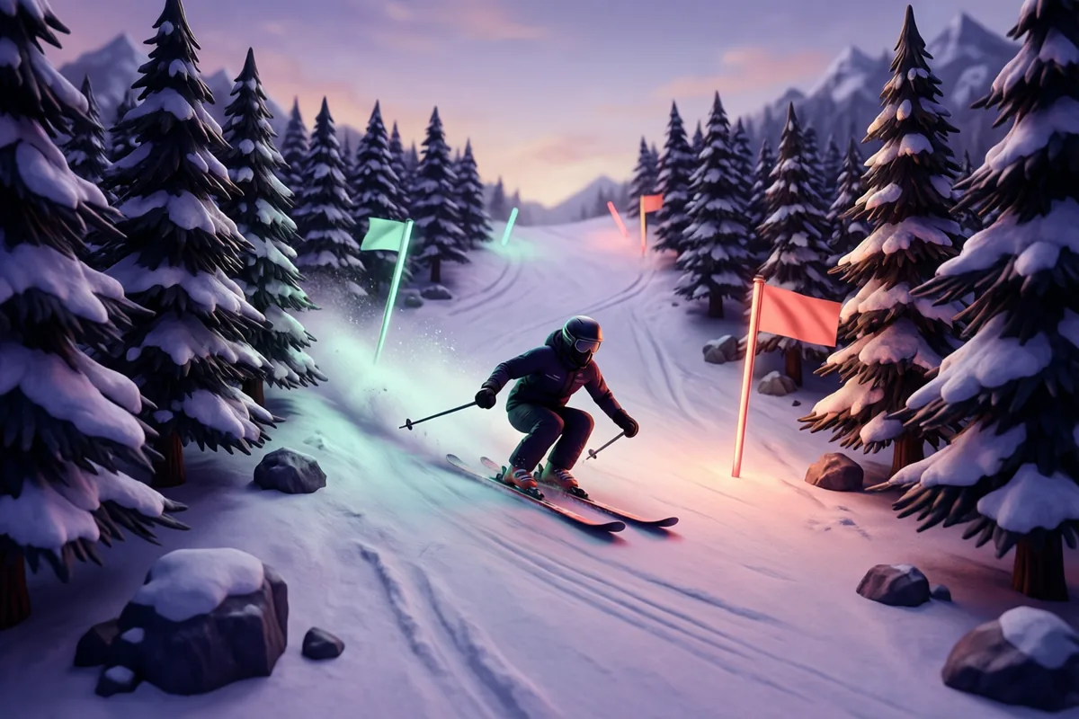 A skier carving through powder between pine trees and two bright slalom flags on a miniature snowy slope