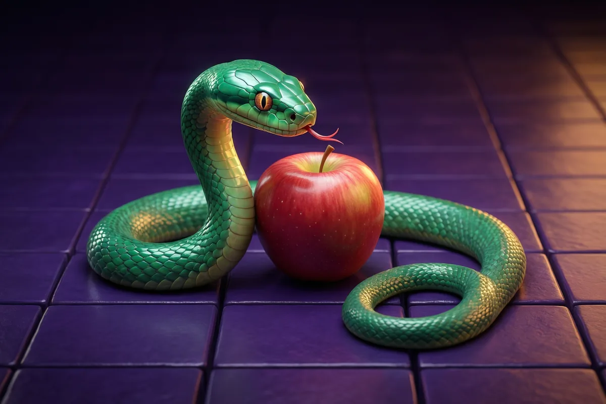 A glossy emerald snake curving around a single red apple on a dark violet tiled playfield