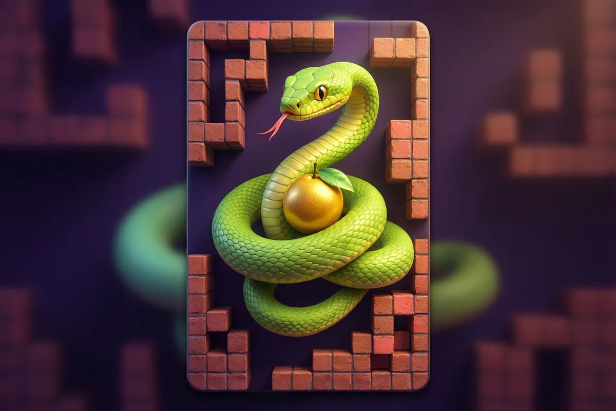 A lime-green snake coiled around golden fruit inside a brick maze border