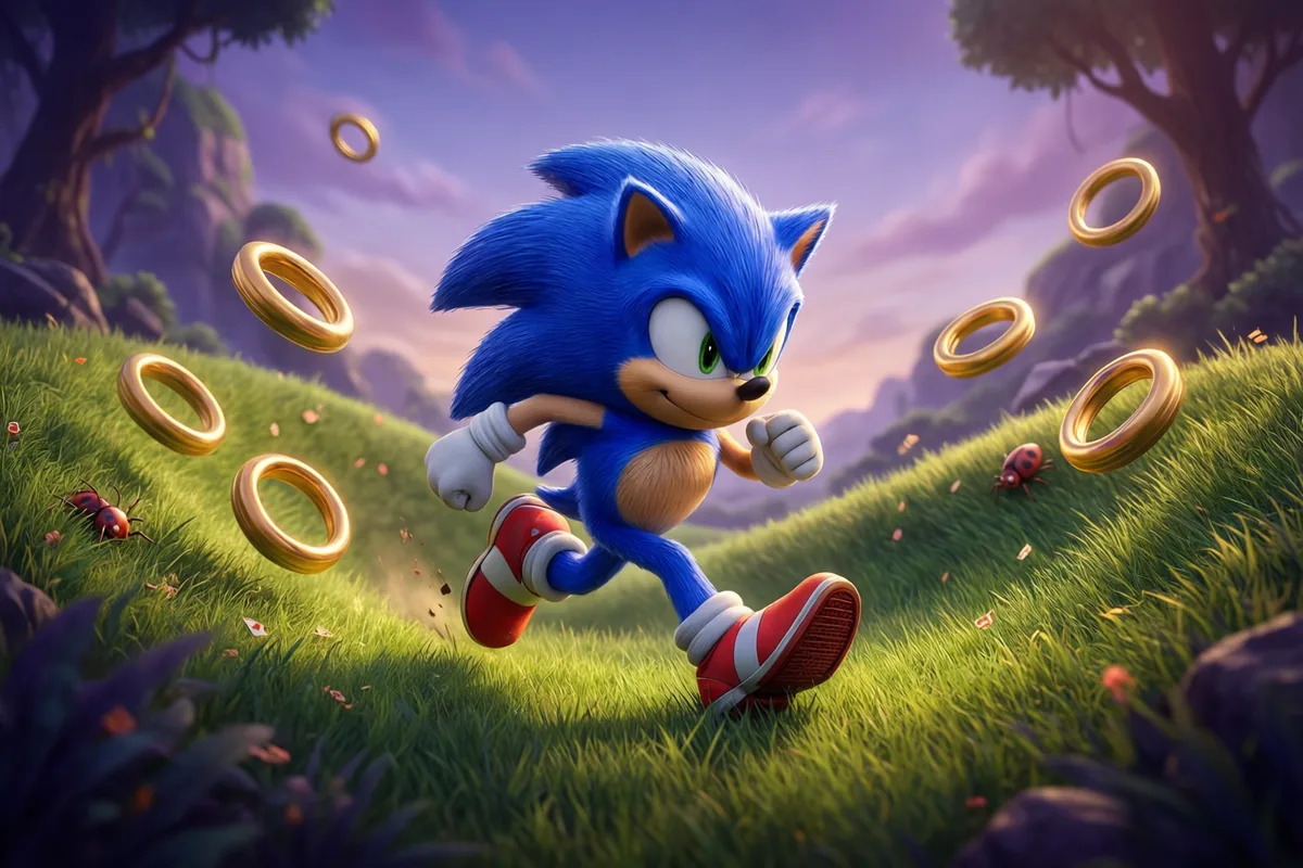 A blue hedgehog running along a grassy path among floating golden rings