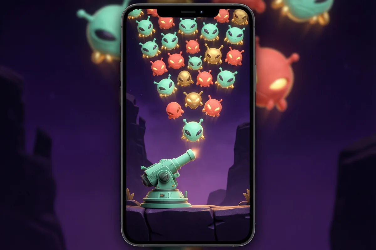 A small mint defense cannon beneath a descending formation of chunky luminous alien shapes