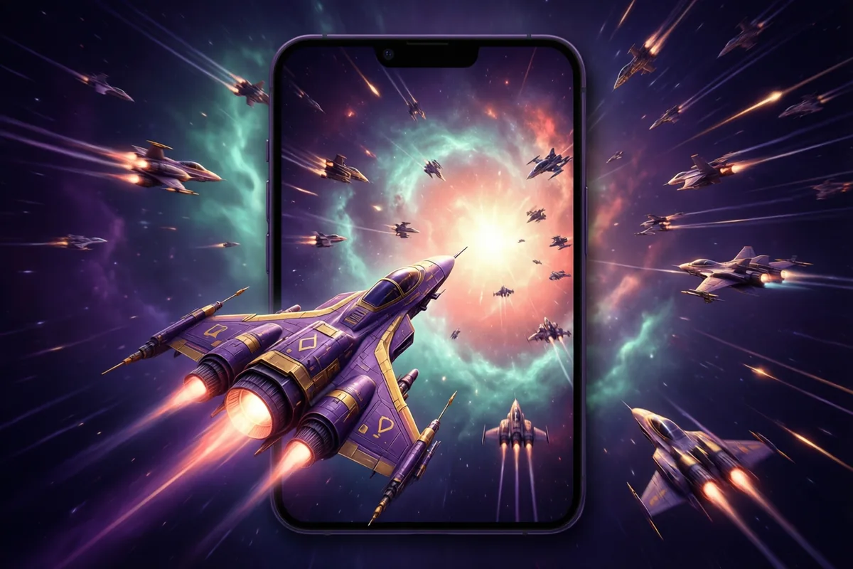 A violet-and-gold spacecraft flying toward a bright nebula and smaller ships