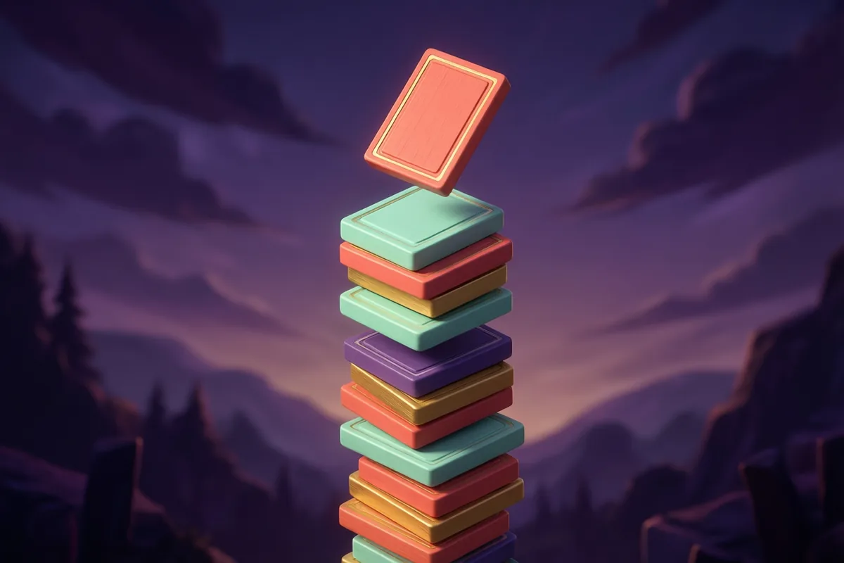 A tall tower of colorful offset rectangular blocks with one suspended block ready to land on top