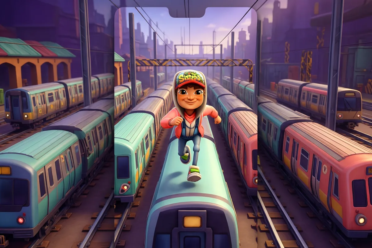 A runner above train carriages on a violet city railway