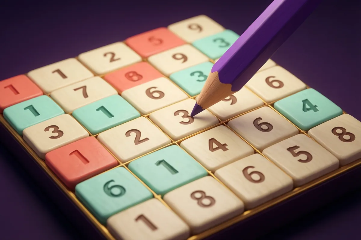 A purple pencil beside colorful numbered tiles in a Sudoku-inspired board illustration