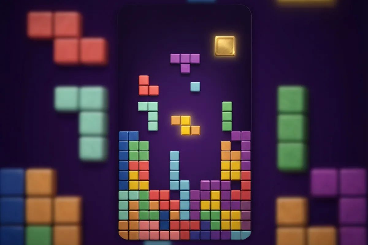 Colorful falling blocks above a stacked playfield in a violet Tetris illustration