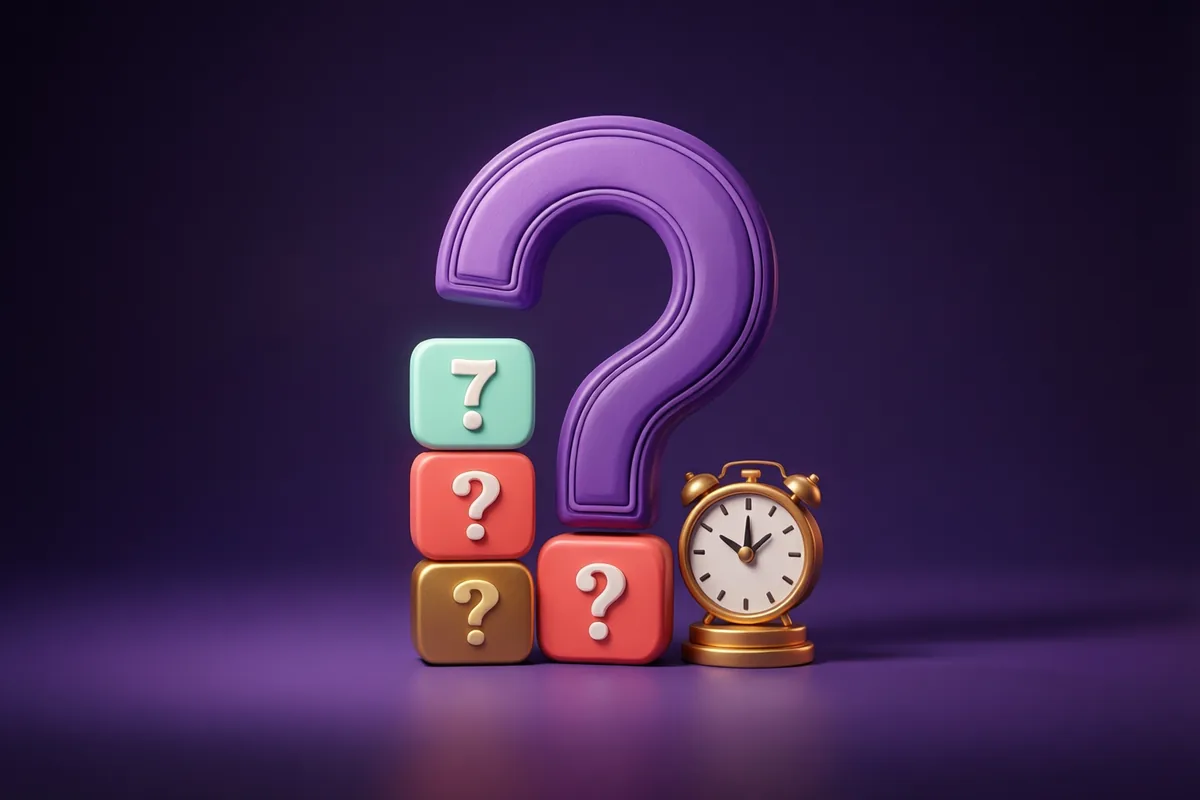 A violet question-mark sculpture beside colorful question tiles and a small clock