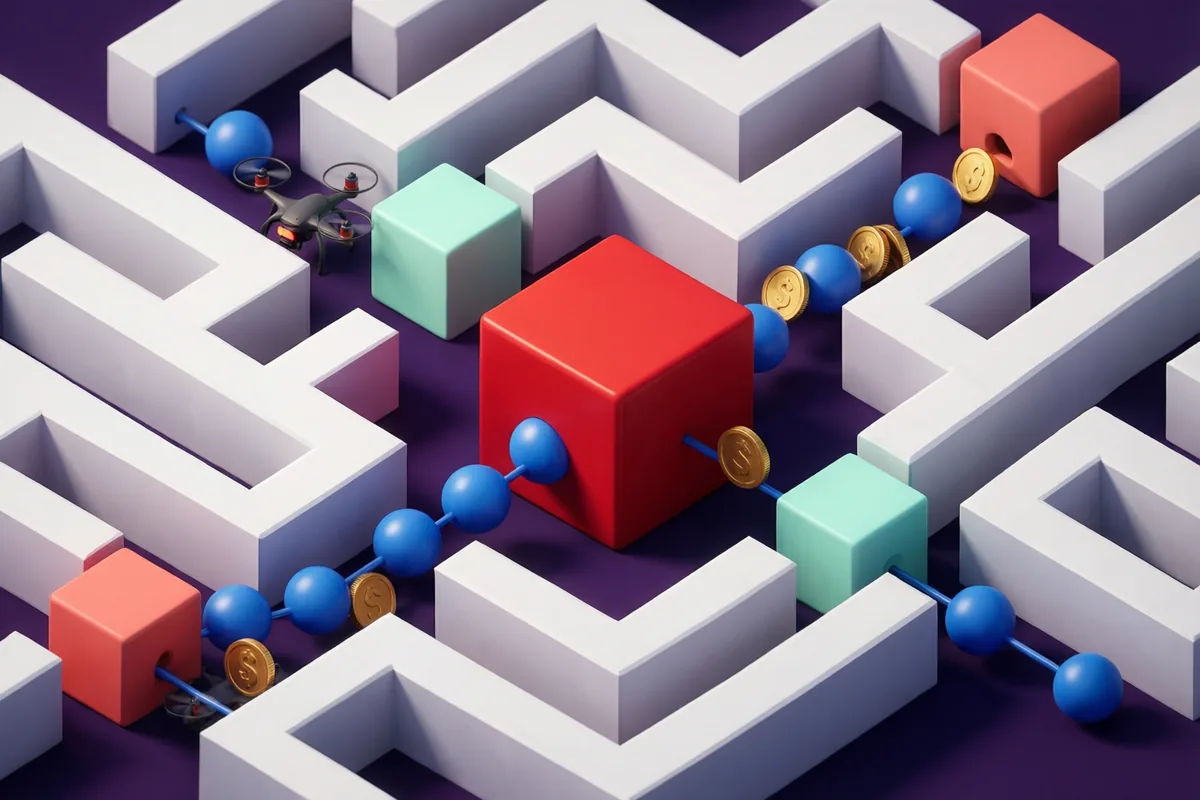 A bright red cube threading between small blue spherical obstacles in a clean white maze