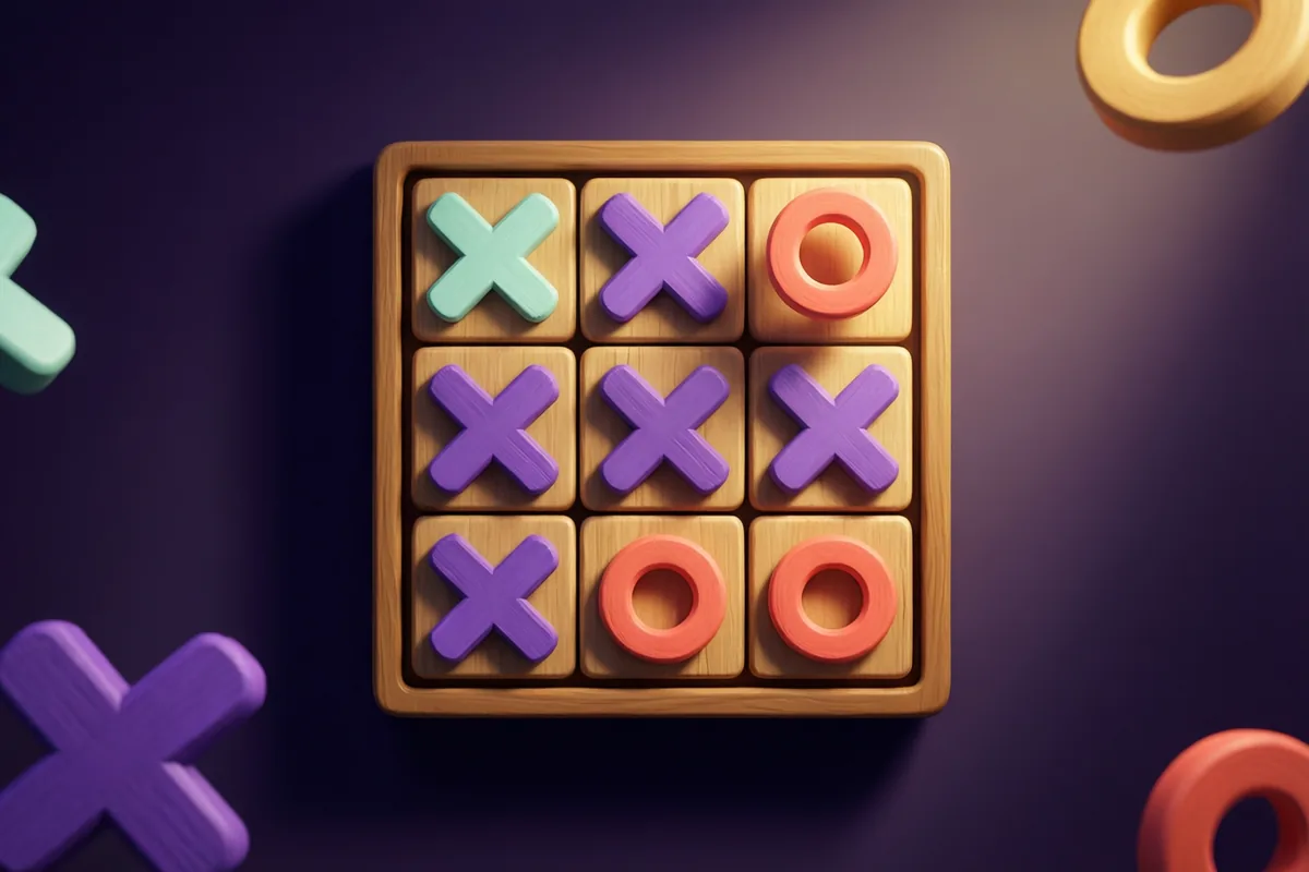 A wooden three-by-three board filled with violet crosses and coral rings