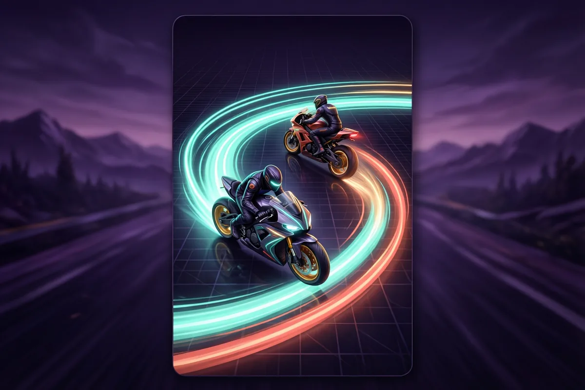 Two futuristic motorcycles leaving looping cyan and coral trails on a dark grid