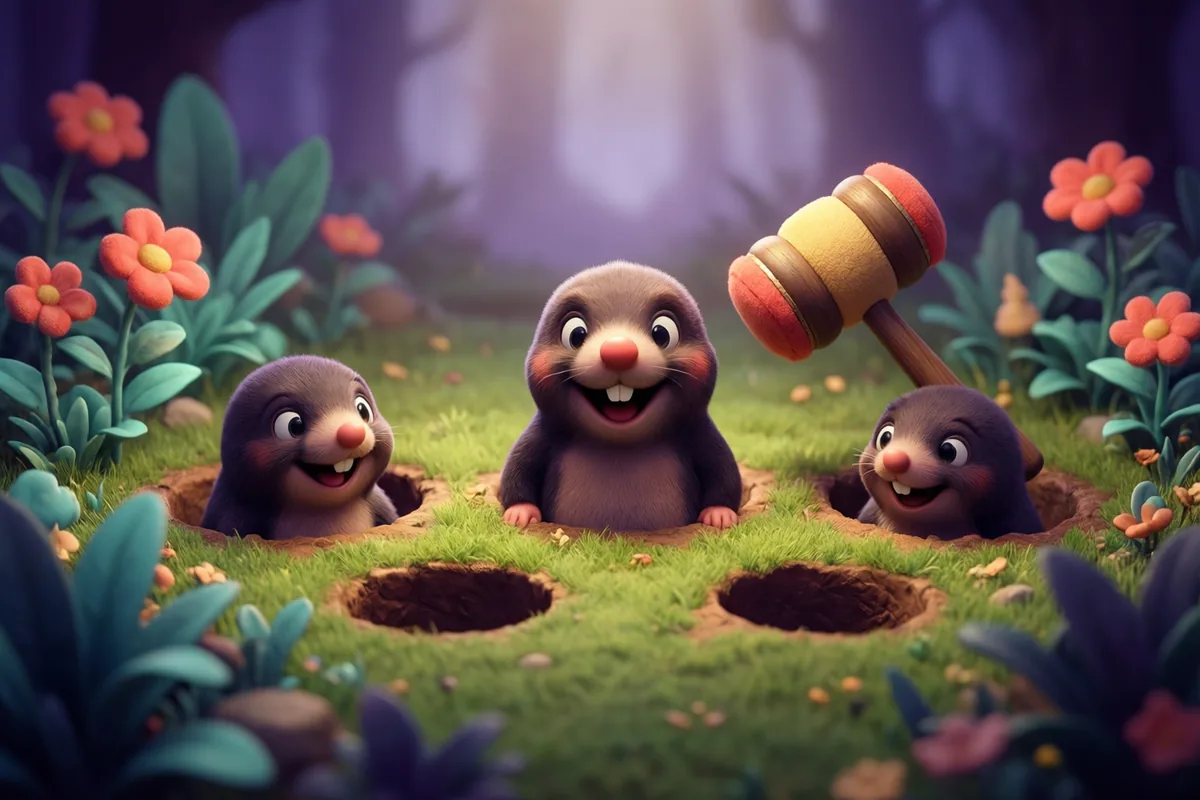 Three cheerful moles peeking from round holes in a miniature garden beside a soft toy mallet
