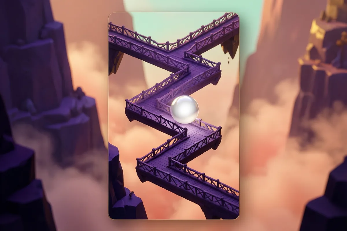 A shiny white ball at a sharp turn on a violet zigzag bridge floating above a peach mist