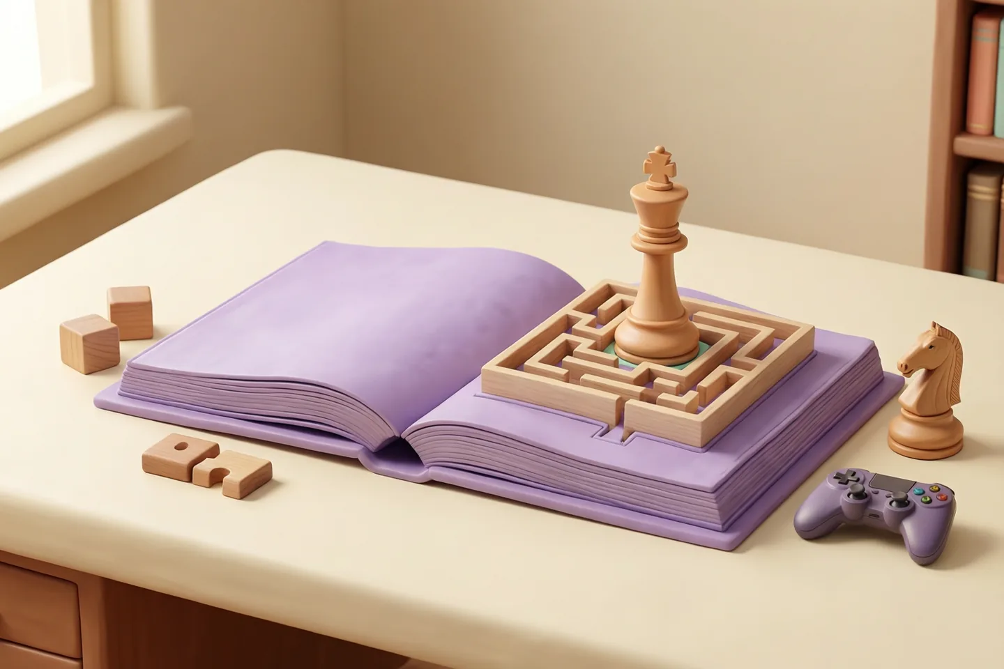 An open playbook surrounded by a miniature maze, chess knight, puzzle tiles and controller